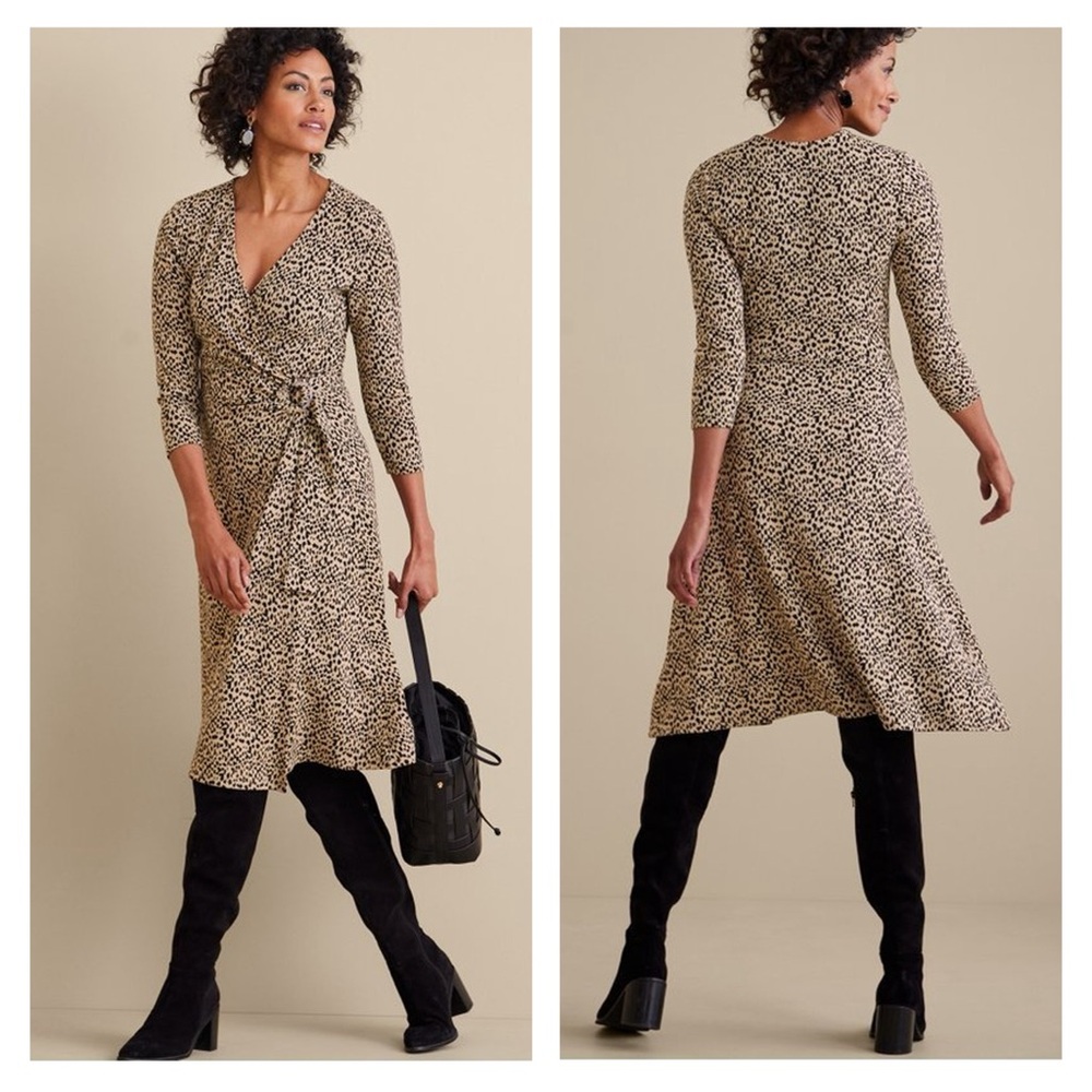 Soft Surroundings Damaria Dress Soft Ribbed Stretch Leopard Print Wrap Midi S